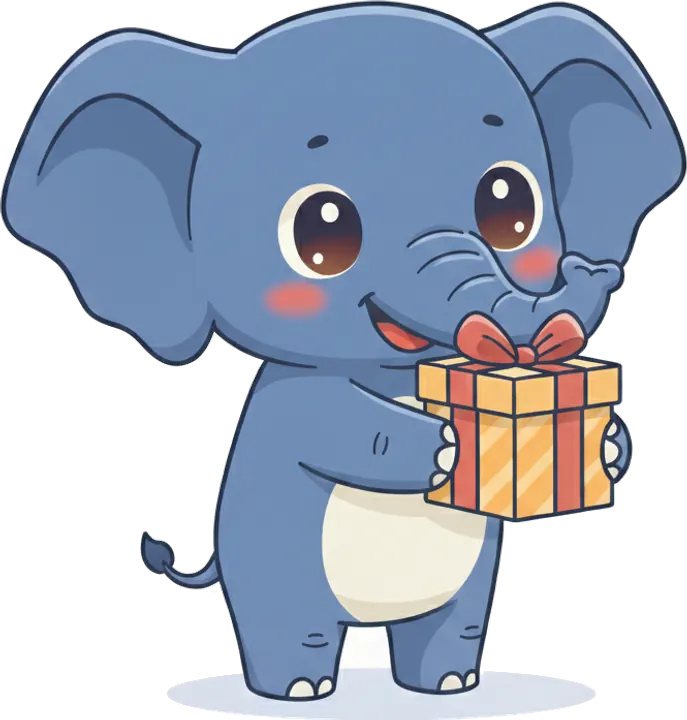 The Elephrend elephant holding a wrapped gift