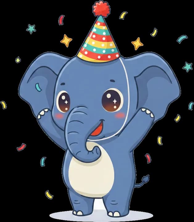 The Elephrend elephant in a party hat, surrounded by confetti